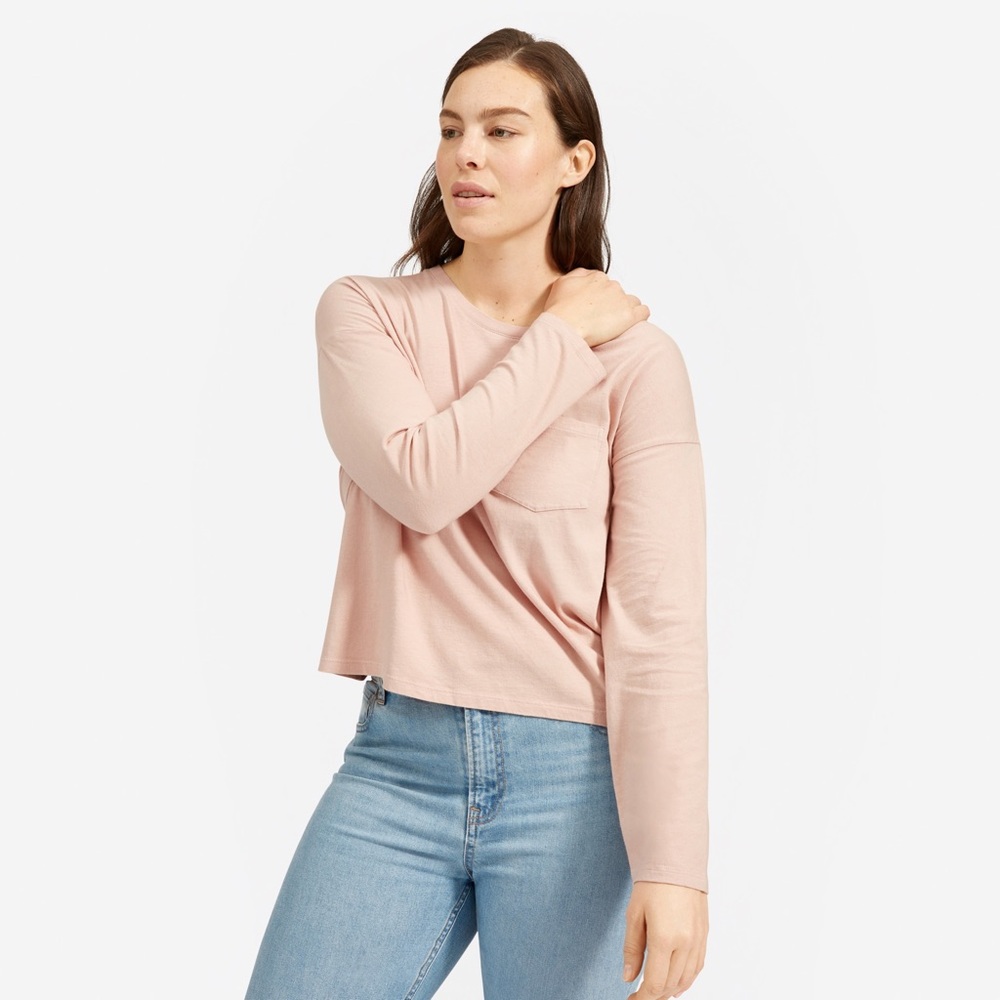 Everlane The Long-Sleeve Box-Cut Pocket Tee in Rose